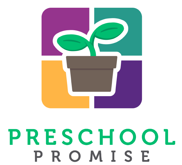 Preschool Promise logo showing a potted plant on a background of purple, green, gold, and violet