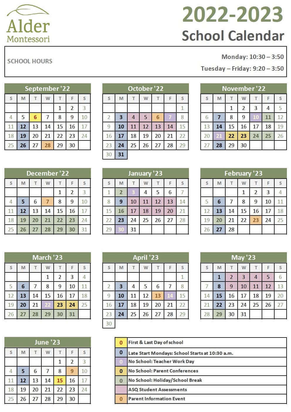 English Language Alder School Year Calendar