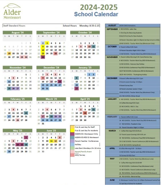 Screenshot of Alder Montessori 2024 School Calendar