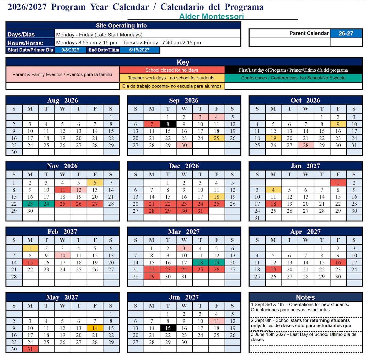 Screenshot Hartley Montessori school calendar 2026-2027